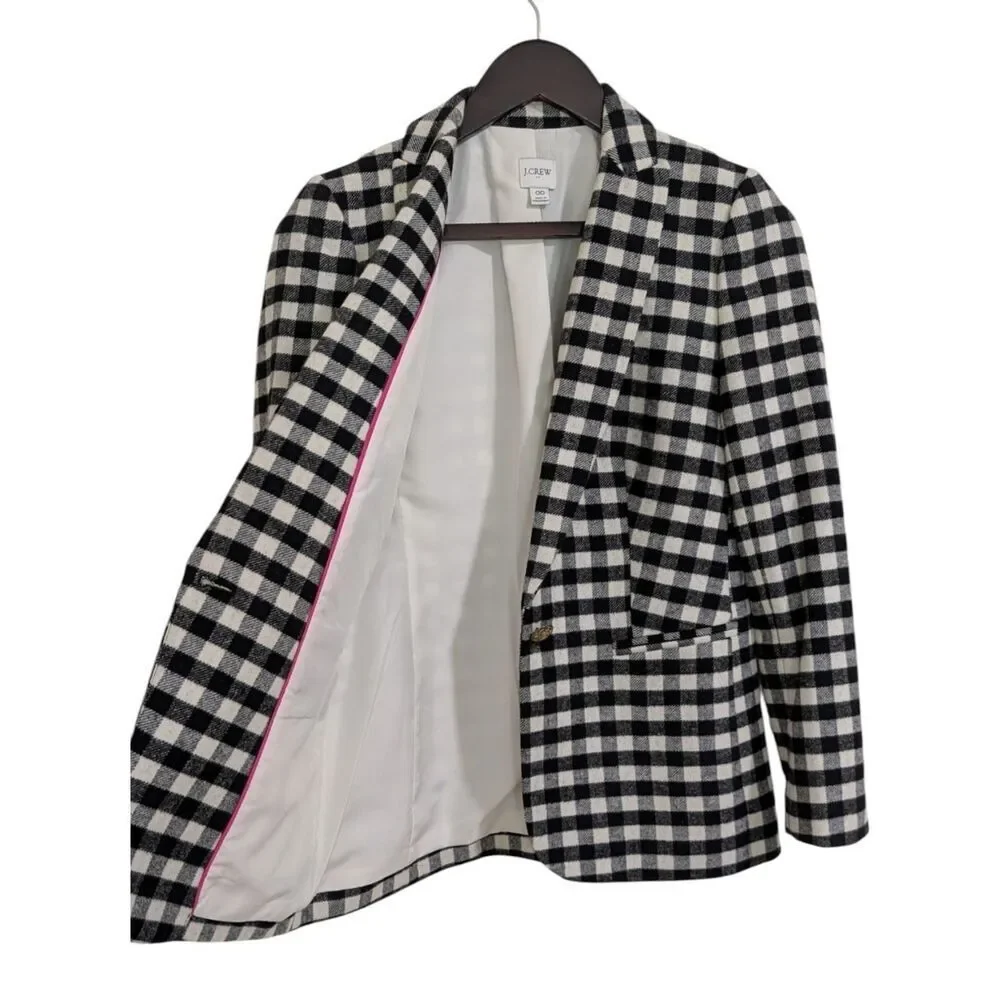 J. Crew Wool-blend one-button blazer Buffalo Check Style BB394 Sz 00 Ivory Black